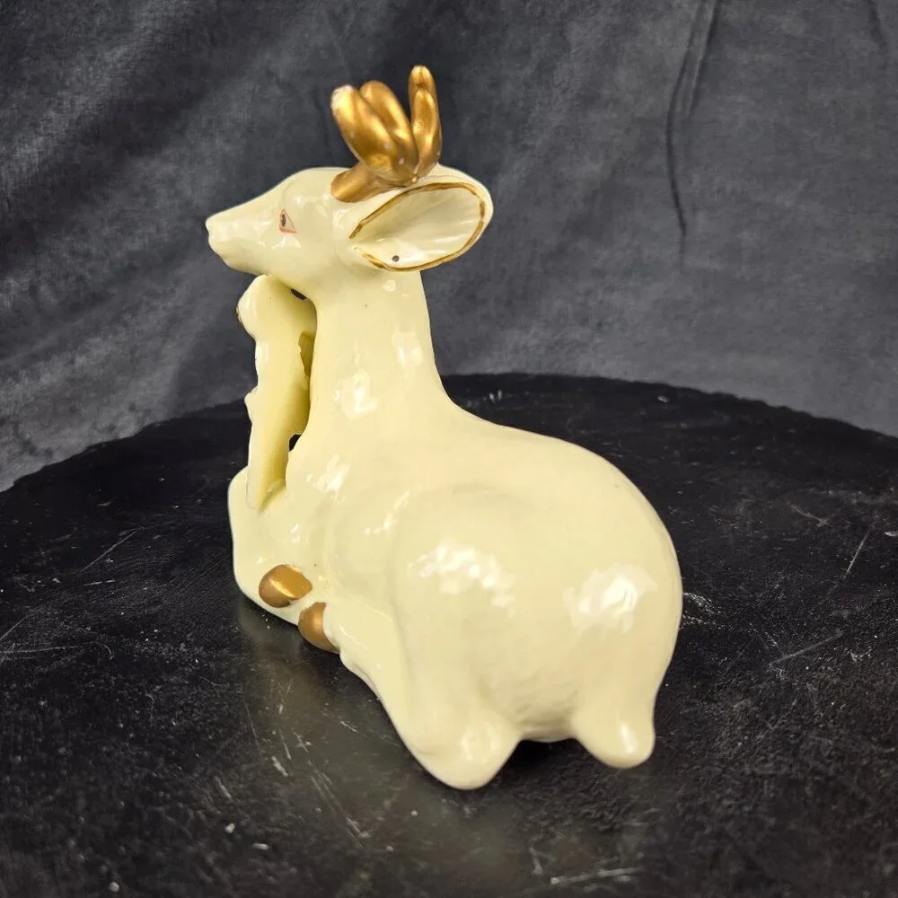 Vintage Ceramic Reindeer Figurine with Bow and Bells Cream Gold Accent Christmas